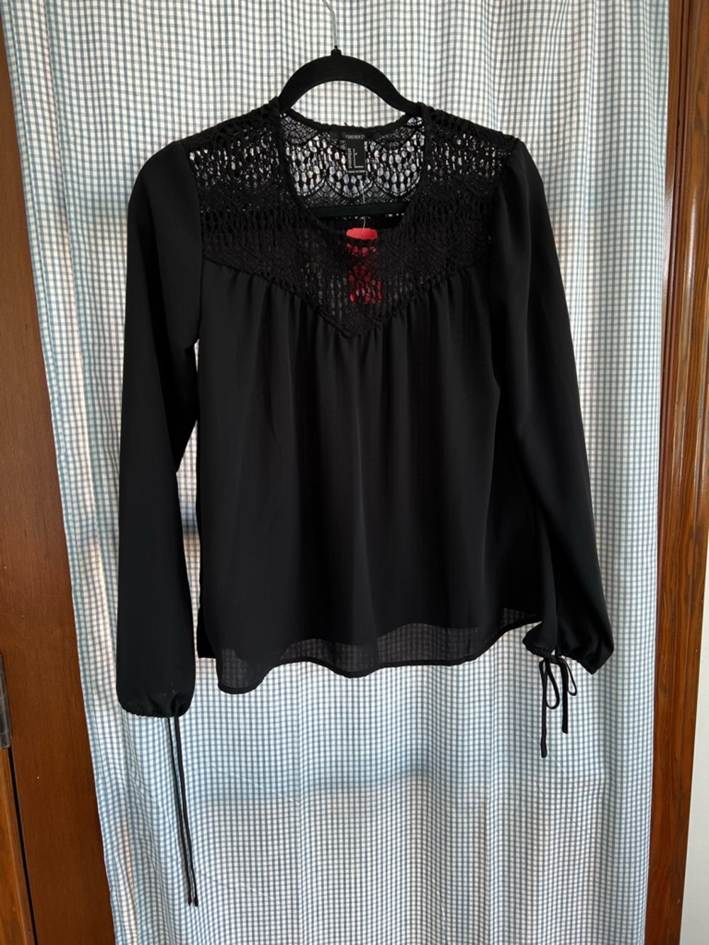 Forever 21 Black Crochet Yoke Long Sleeve Blouse